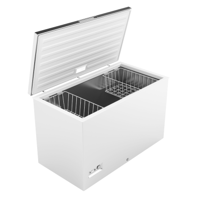 Assortment of replacement freezer parts including thermostats, door gaskets, and shelves displayed together