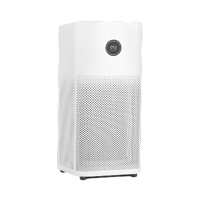 Assortment of air purifier parts including filters, fan motors, and housing components