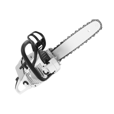 Assortment of replacement chainsaw parts including chains, guide bars, and spark plugs