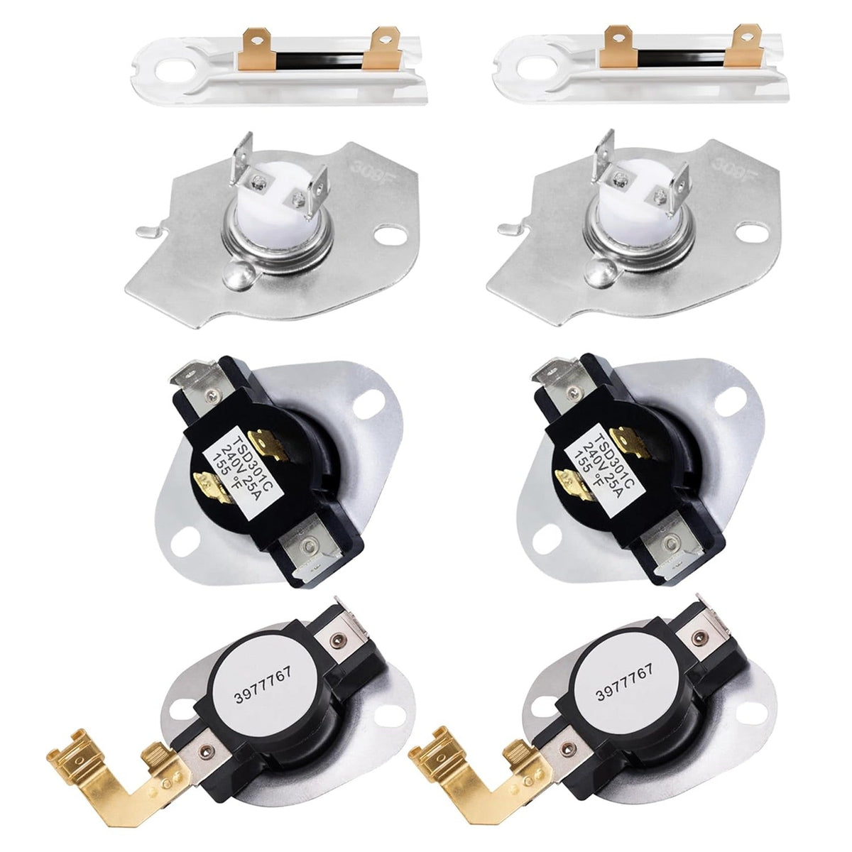 Replacement dryer thermostat and thermal fuse kit for Whirlpool, Kenmore, and Maytag dryers, pack of 8 components.