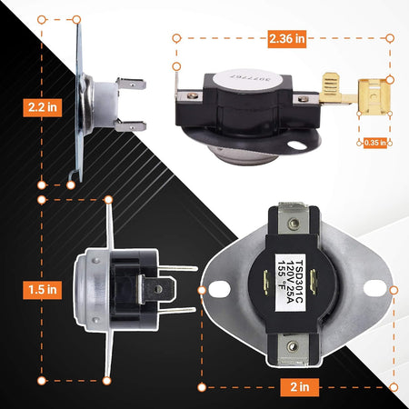 3977767 high-limit thermostat for Whirlpool dryers with dimension diagram showing side and top views.