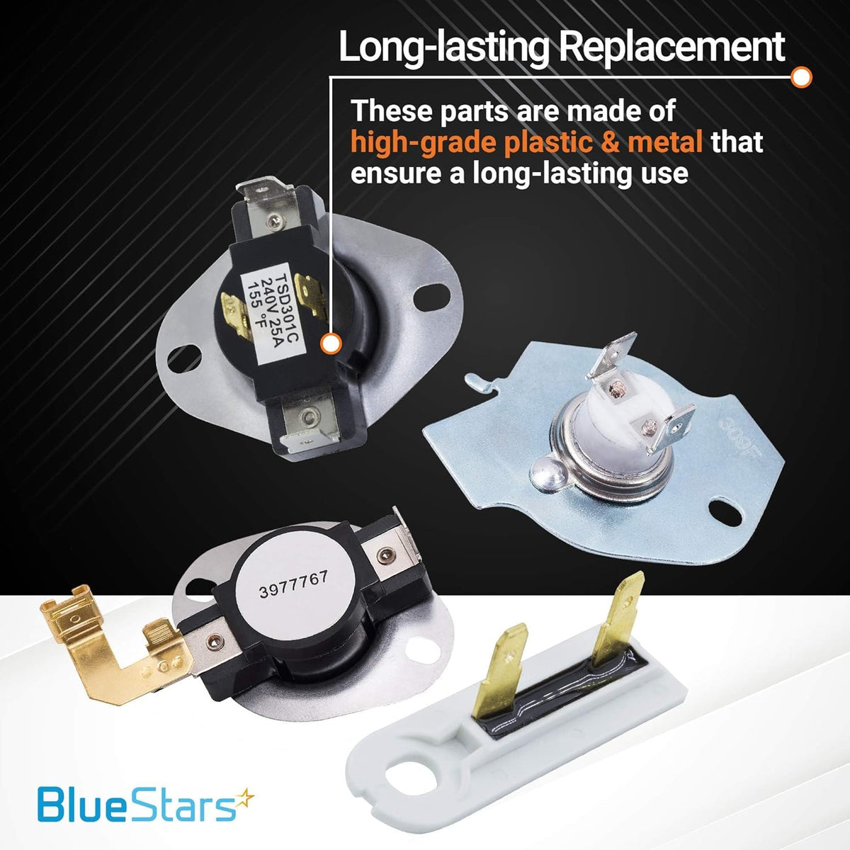 Replacement dryer thermostat and thermal fuse kit for Whirlpool, Kenmore, and Maytag dryers.