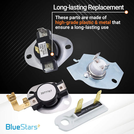 Replacement dryer thermostat and thermal fuse kit for Whirlpool, Kenmore, and Maytag dryers.