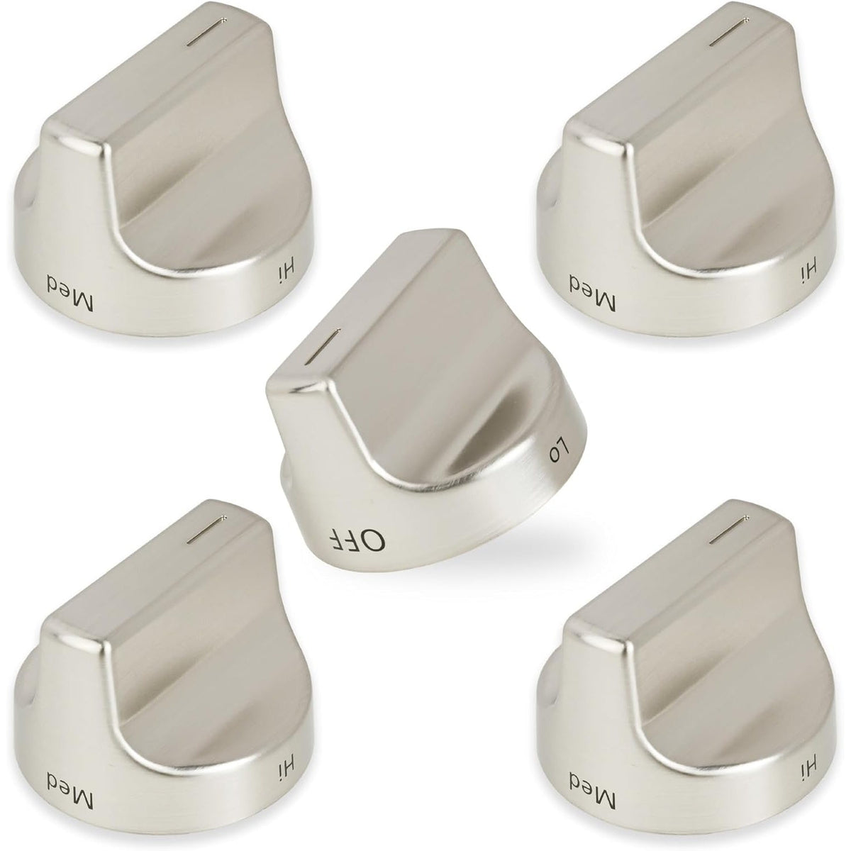 Set of five stainless steel surface burner control knobs for Whirlpool gas ranges.