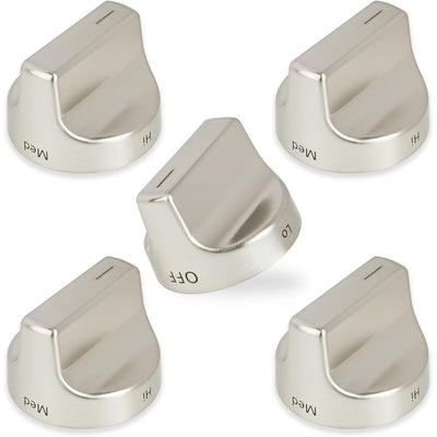 Set of five stainless steel surface burner control knobs for Whirlpool gas ranges.