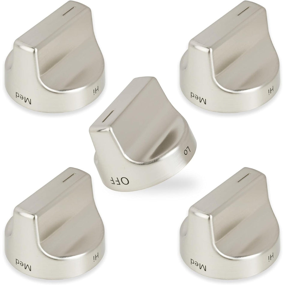 Set of five stainless steel surface burner control knobs for Whirlpool gas ranges.