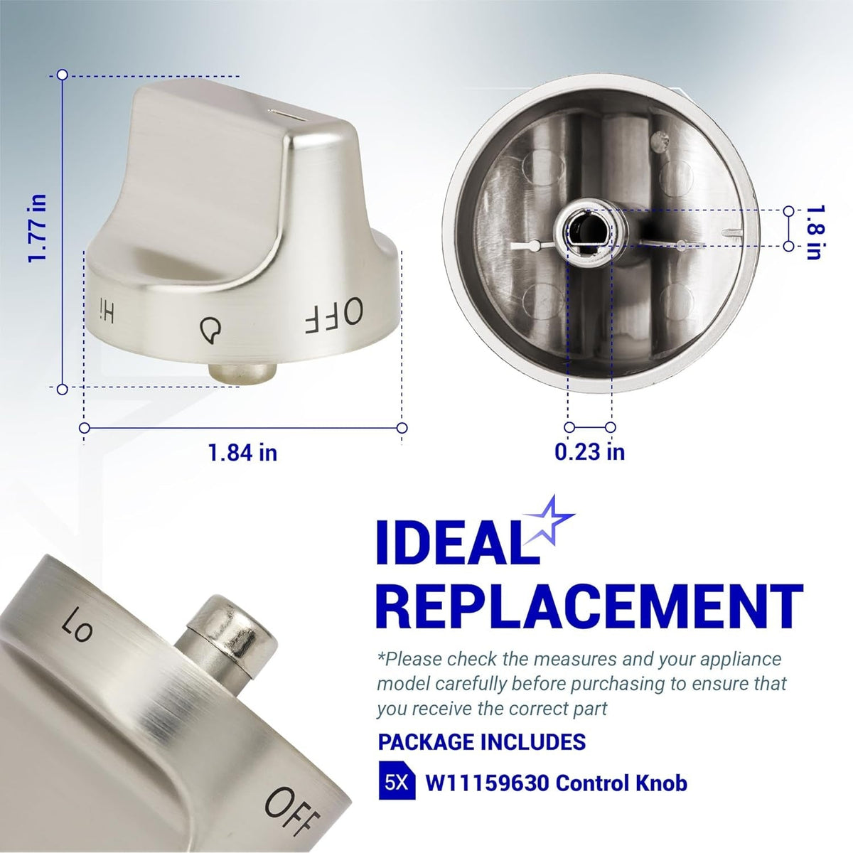 Dimensional diagram of stainless steel Whirlpool gas range surface burner control knob with measurements.