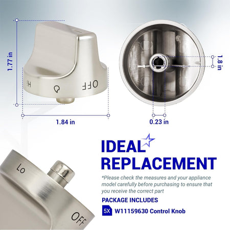 Dimensional diagram of stainless steel Whirlpool gas range surface burner control knob with measurements.