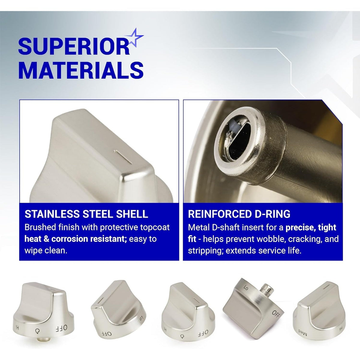 Infographic showing stainless steel surface burner knob construction with reinforced D-ring for Whirlpool gas ranges.