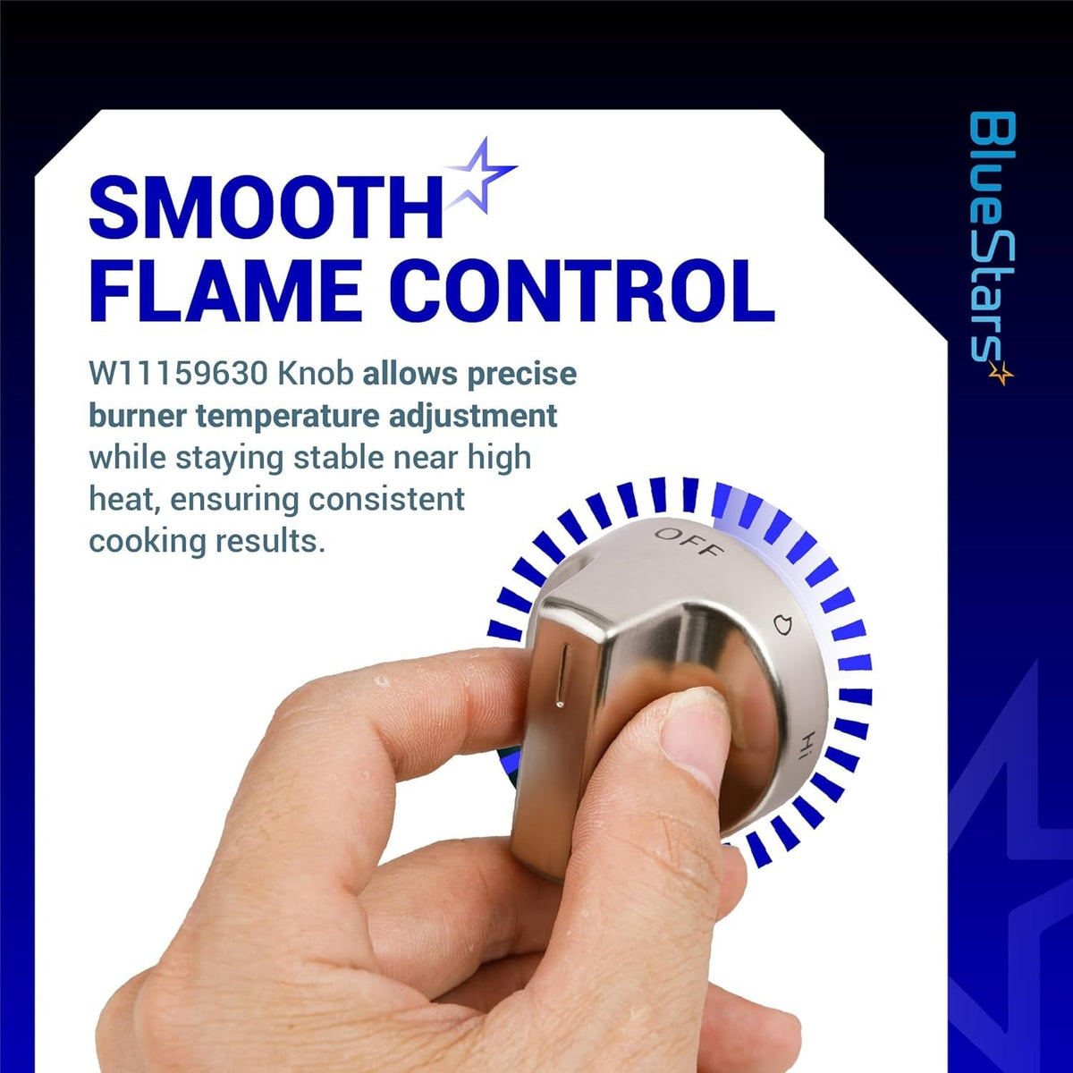 Hand holding a stainless steel W11159630 surface burner control knob for Whirlpool gas ranges.