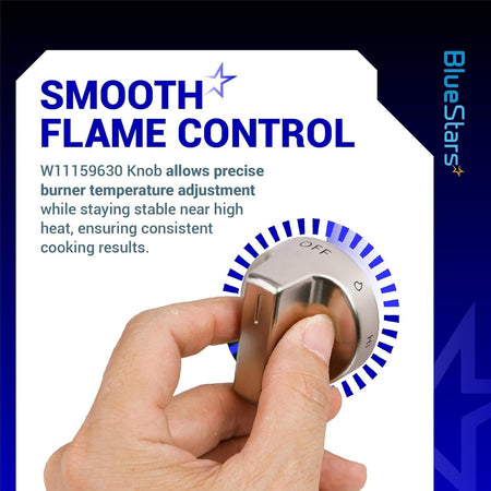 Hand holding a stainless steel W11159630 surface burner control knob for Whirlpool gas ranges.