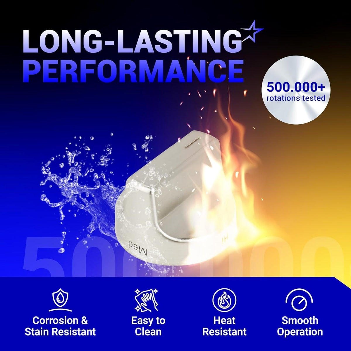 Stainless steel surface burner control knob for Whirlpool gas range, highlighting heat resistance and durability.