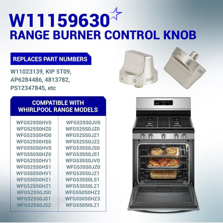 Infographic showing W11159630 stainless steel surface burner control knob for Whirlpool gas ranges.