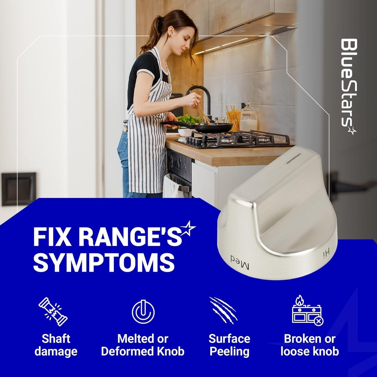 Stainless steel surface burner control knob for Whirlpool gas range with infographic showing common repair symptoms.