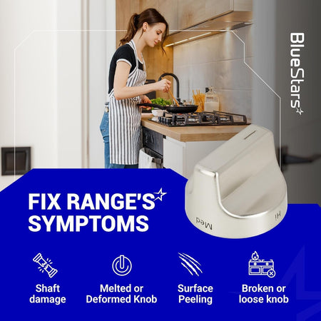 Stainless steel surface burner control knob for Whirlpool gas range with infographic showing common repair symptoms.