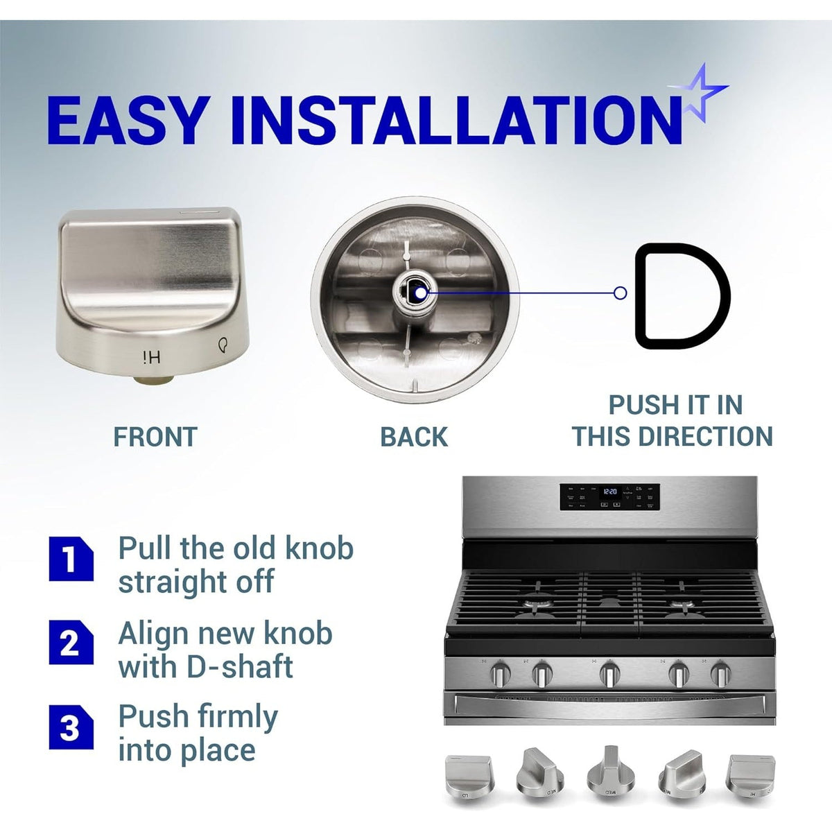 Installation guide for Whirlpool gas range surface burner control knob showing D-shaft alignment and steps.