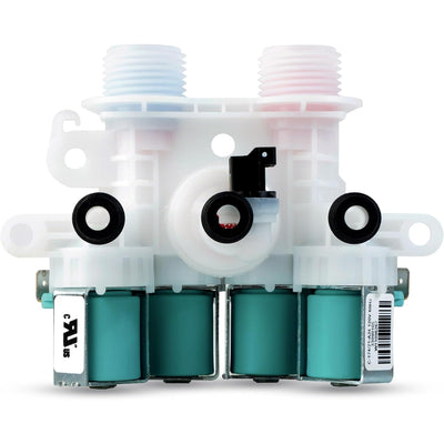 W11165546 washer water inlet valve replacement part with dual threaded ports and four solenoid coils.