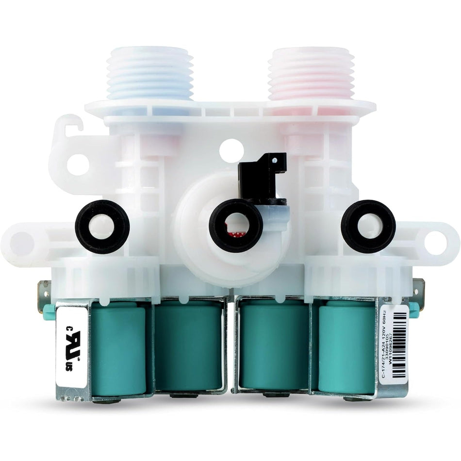 W11165546 washer water inlet valve replacement part with dual threaded ports and four solenoid coils.