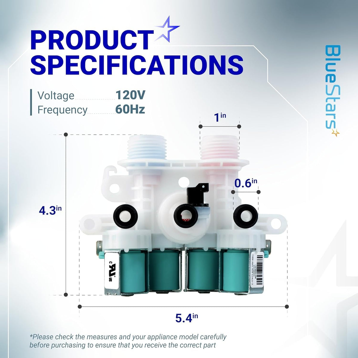 W11165546 washer water inlet valve showing dimensions and 120V 60Hz specifications.