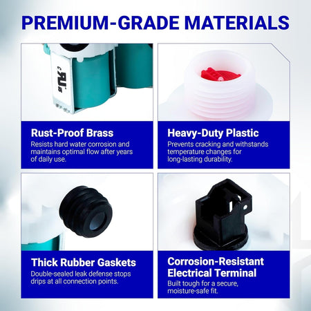 Infographic showing premium materials of W11165546 washer water inlet valve including brass, plastic, gaskets, and terminals.