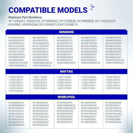 Compatibility chart for W11165546 washer water inlet valve listing Kenmore, Maytag, and Whirlpool model numbers.
