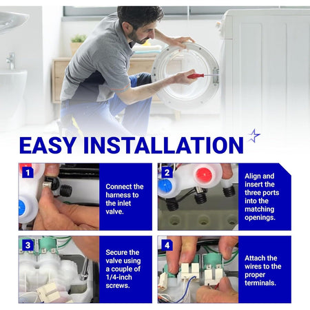Installation guide for W11165546 washer water inlet valve showing step-by-step connection and mounting instructions.