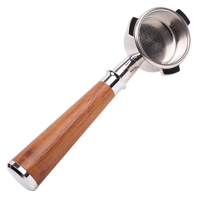 54mm bottomless espresso portafilter with a wooden handle isolated on a white background.