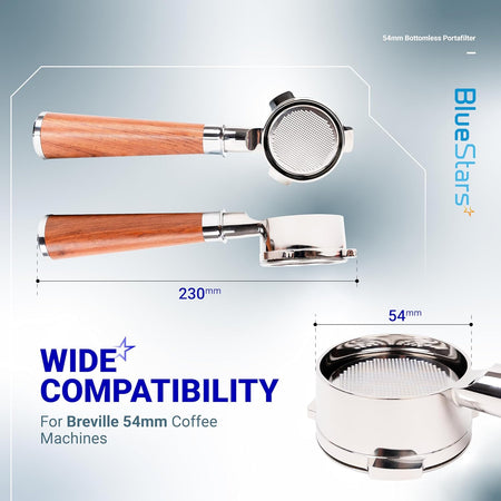 54mm bottomless portafilter with wooden handle showing dimensions and compatibility for Breville espresso machines.