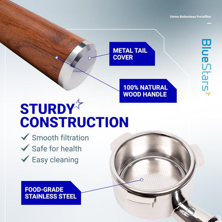 54mm bottomless portafilter showing natural wood handle, metal tail cover, and food-grade stainless steel filter basket.