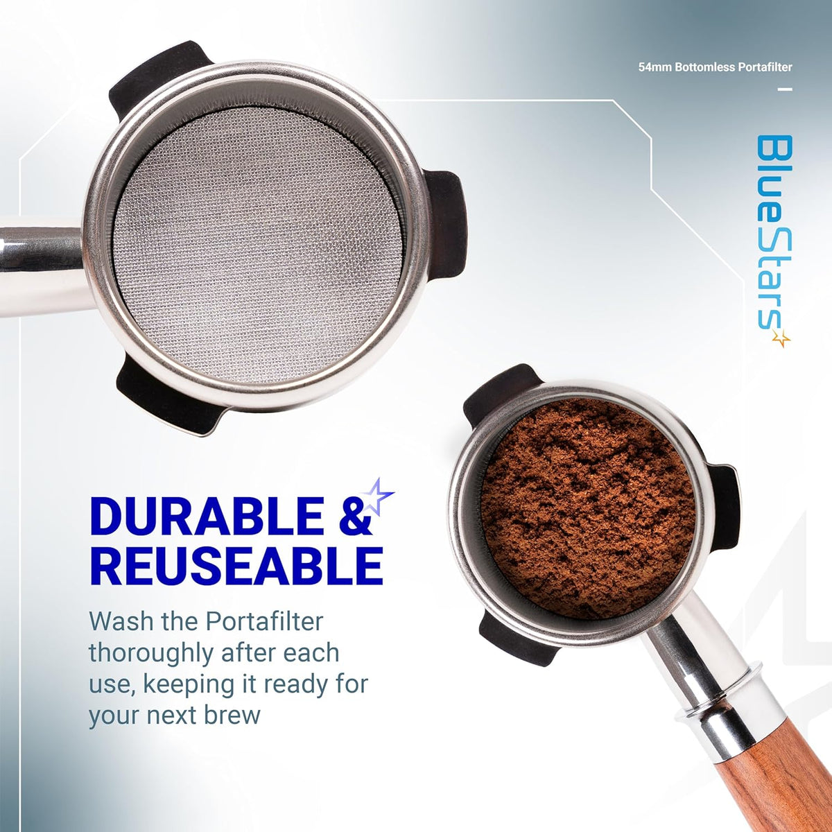 Two 54mm bottomless espresso portafilters, one empty and one filled with ground coffee, on a branded background.