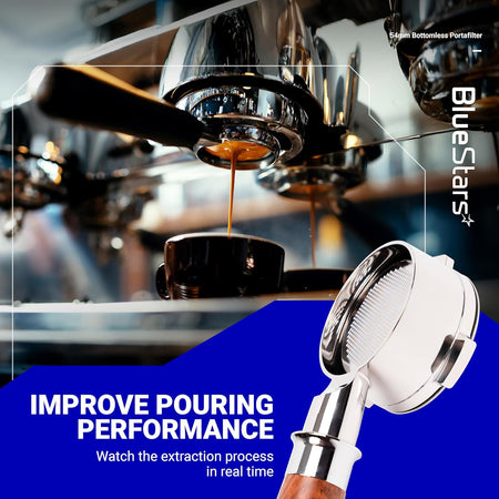 54mm bottomless espresso portafilter with wooden handle shown against a background of coffee extraction.