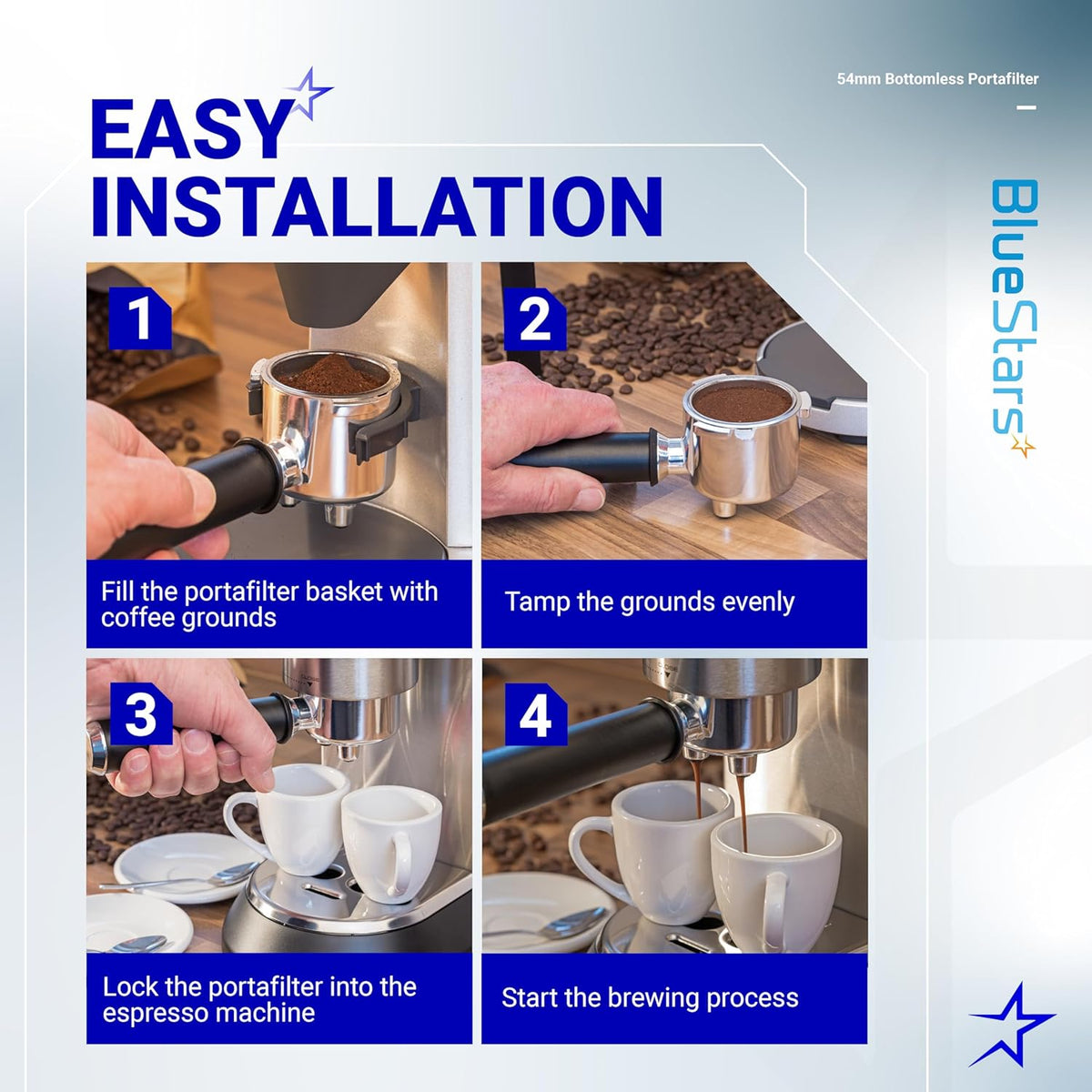 Four-step instructional graphic showing how to use a 54mm bottomless espresso portafilter.