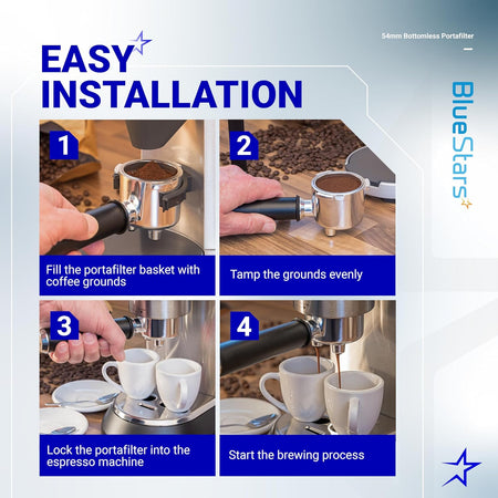 Four-step instructional graphic showing how to use a 54mm bottomless espresso portafilter.