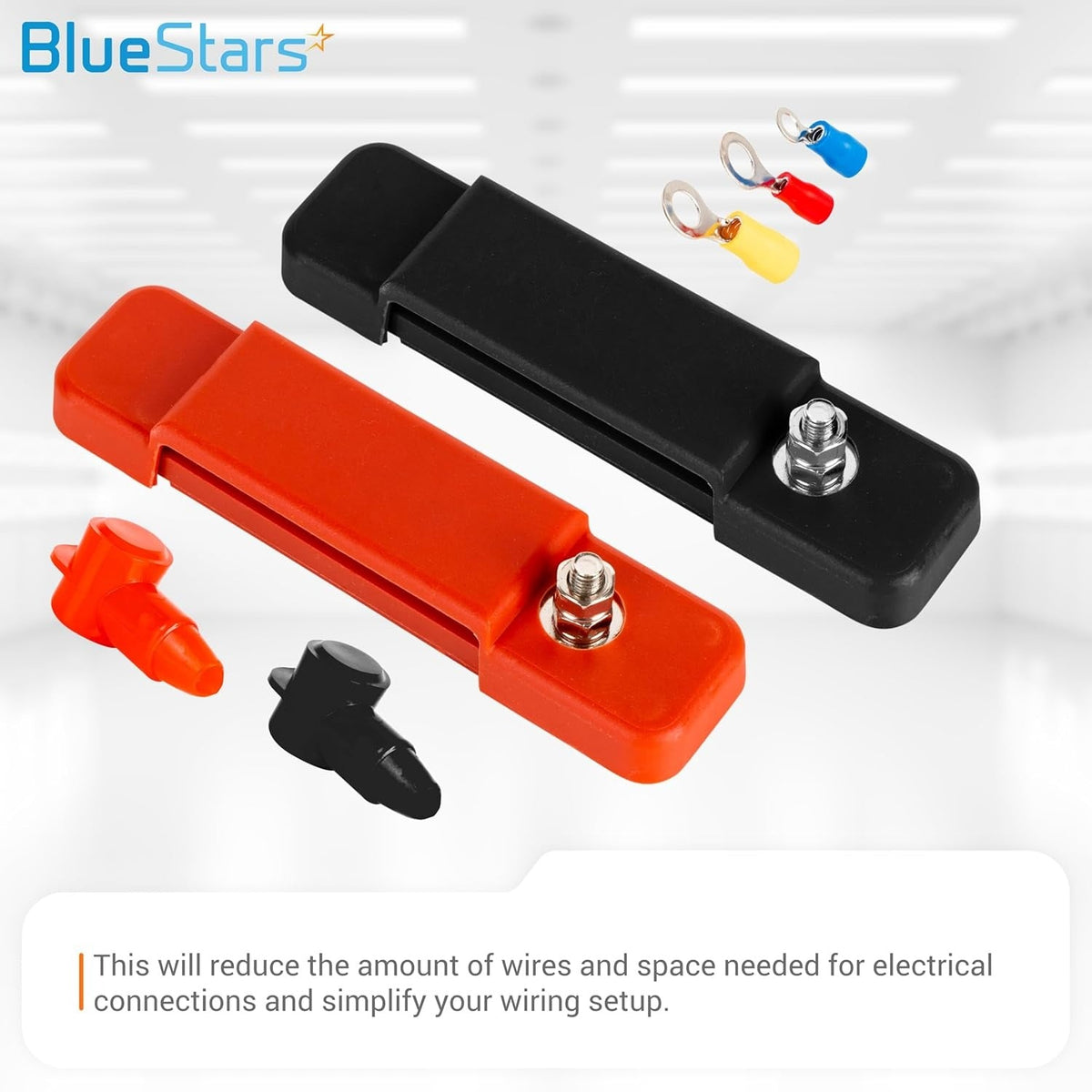 Two 12-terminal DC bus bars in red and black with protective covers and assorted wire lugs.