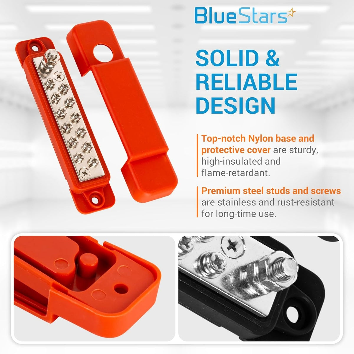 12-terminal DC bus bar power distribution block with red protective cover and close-up views of terminals and base.