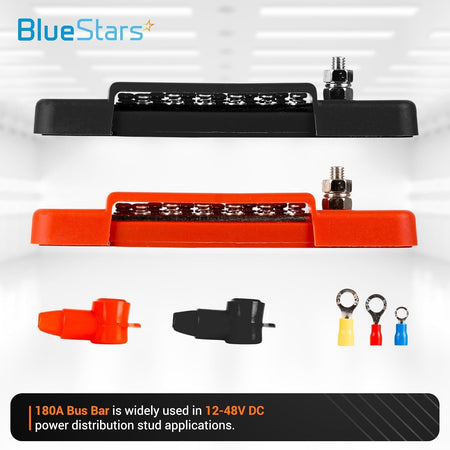 Two 12-terminal 180A bus bars in black and red with protective covers and assorted wire lugs for 12-48V DC systems.