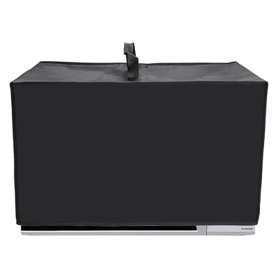 Black 210D Oxford fabric dust cover protecting a microwave oven with a top handle.