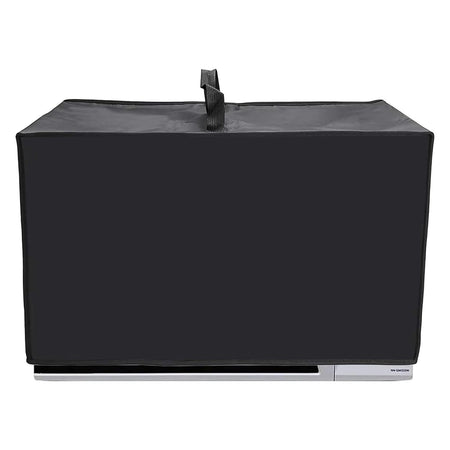 Black 210D Oxford fabric dust cover protecting a microwave oven with a top handle.