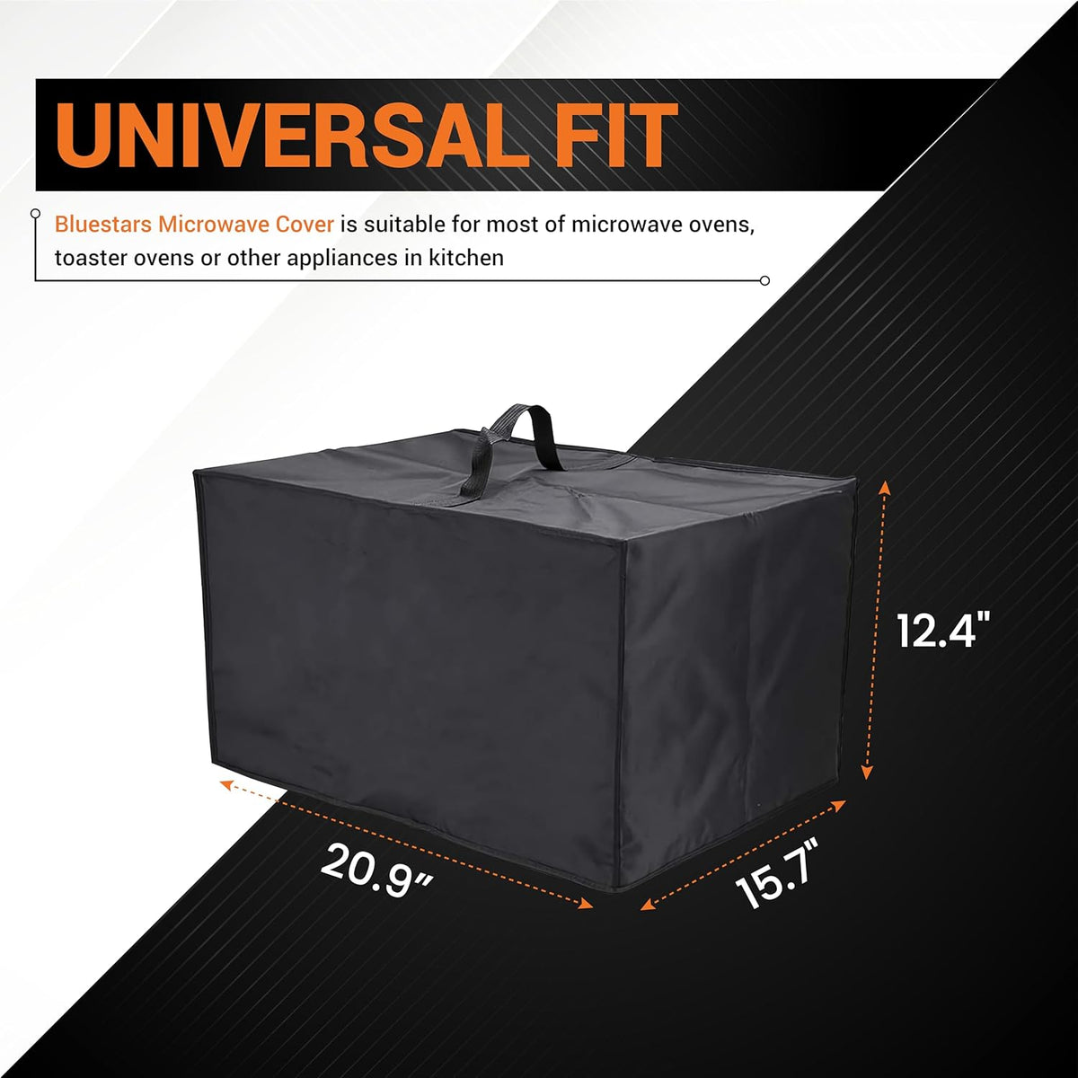 Black 210D Oxford fabric microwave dust cover with dimensions 20.9 x 15.7 x 12.4 inches and universal fit label.