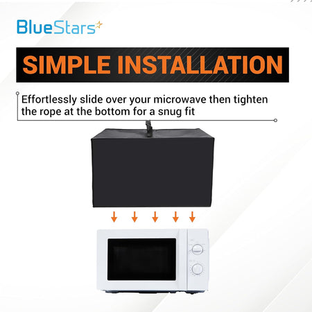 Instructional graphic showing how to install the black 210D Oxford fabric microwave oven dust cover.