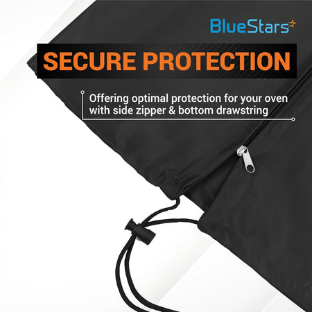 Black 210D Oxford microwave dust cover featuring a side zipper and adjustable bottom drawstring for secure protection.