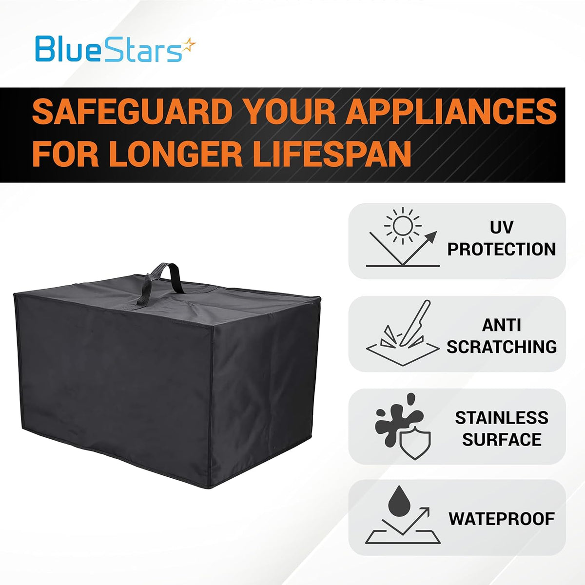 Black 210D Oxford fabric microwave oven dust cover with protective features infographic.