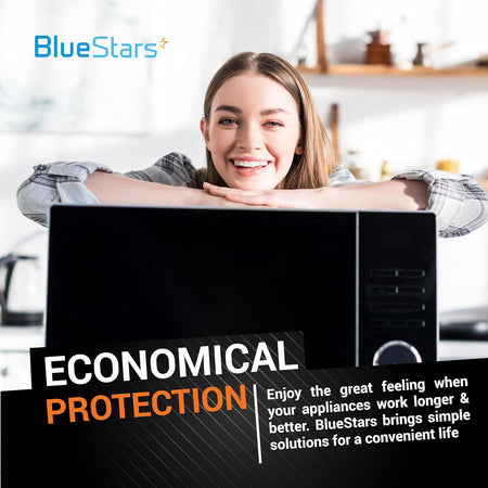 Smiling woman leaning on a microwave oven, promoting BlueStars dust cover protection for kitchen appliances.