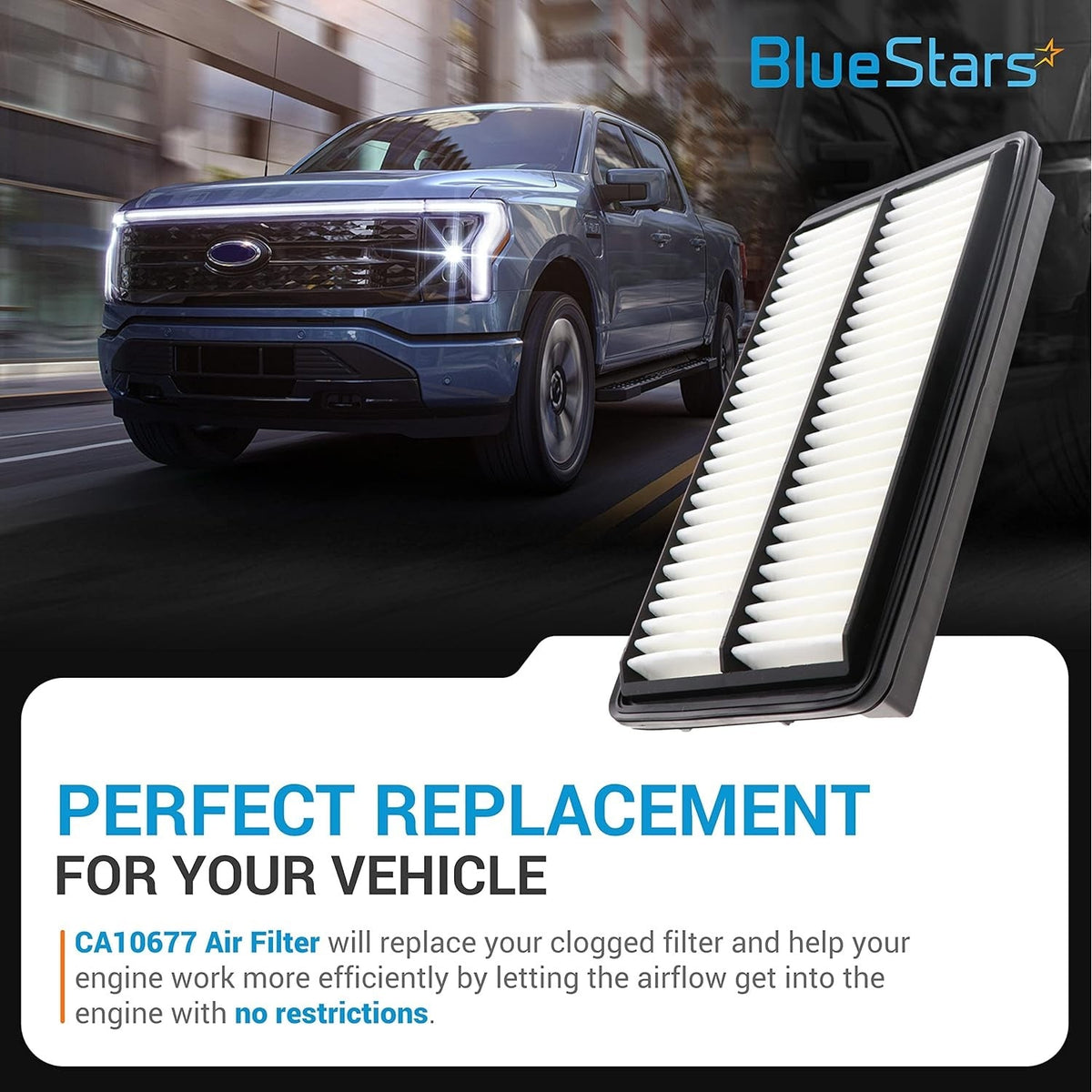 Replacement engine air filter for vehicle maintenance shown with a truck background.