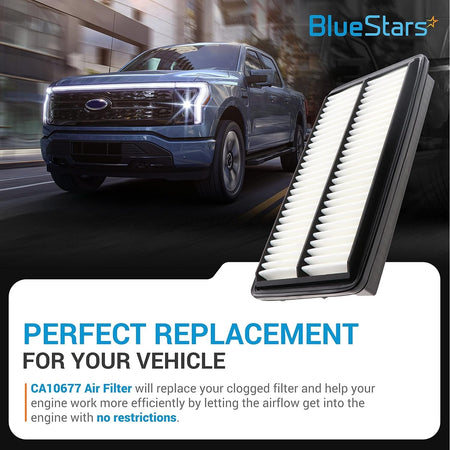Replacement engine air filter for vehicle maintenance shown with a truck background.