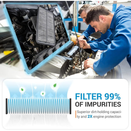 Mechanics installing an XA10486 engine air filter in a Honda vehicle with a diagram showing 99% impurity filtration.