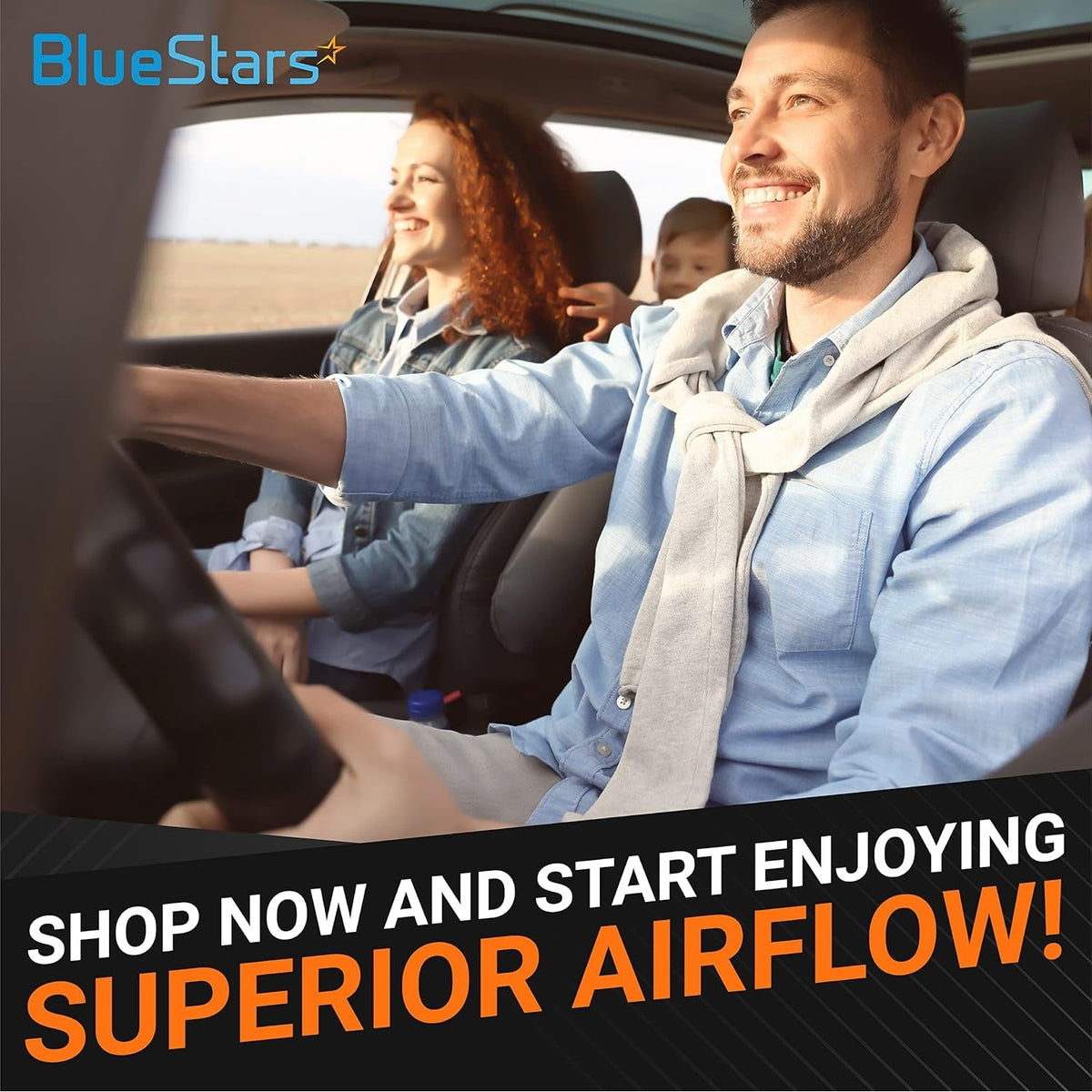 Happy family driving in a car with BlueStars branding promoting superior airflow for XA10486 engine air filters.