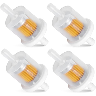 Set of four 40-micron 1/4-inch inline fuel filters for lawn mowers and tractors.