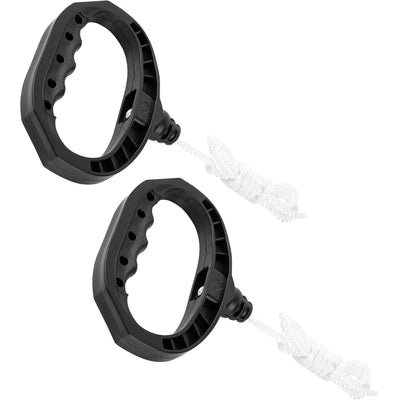 Two black starter handles with attached white pull ropes for small engines.