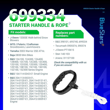 Informational graphic for 699334 starter handle and rope with compatibility list and replacement part numbers.